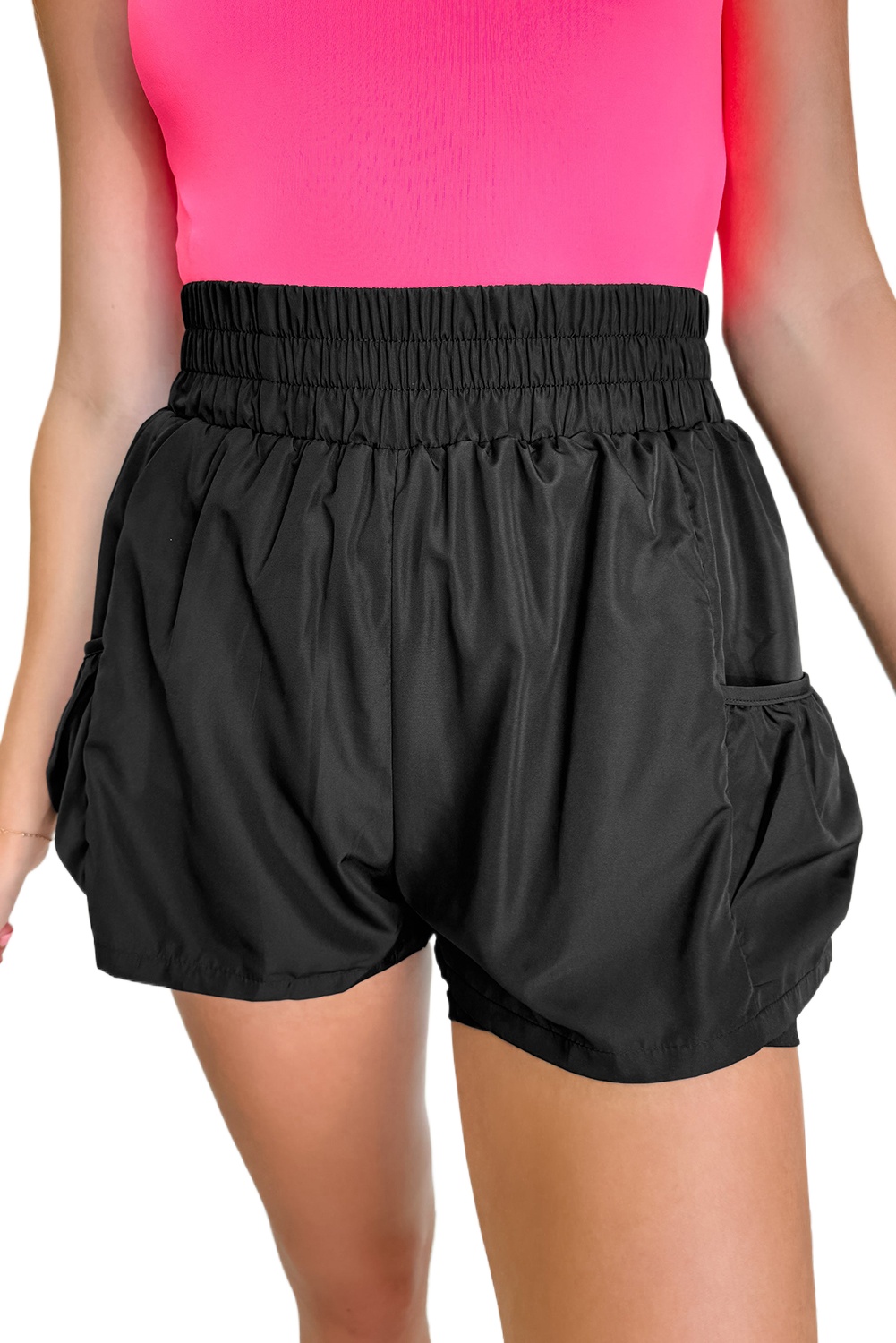 Women's Black Elastic High Waist Pocketed Casual Shorts for Summer - Main View Women's Black Elastic High Waist Pocketed Casual Shorts for Summer - Main View