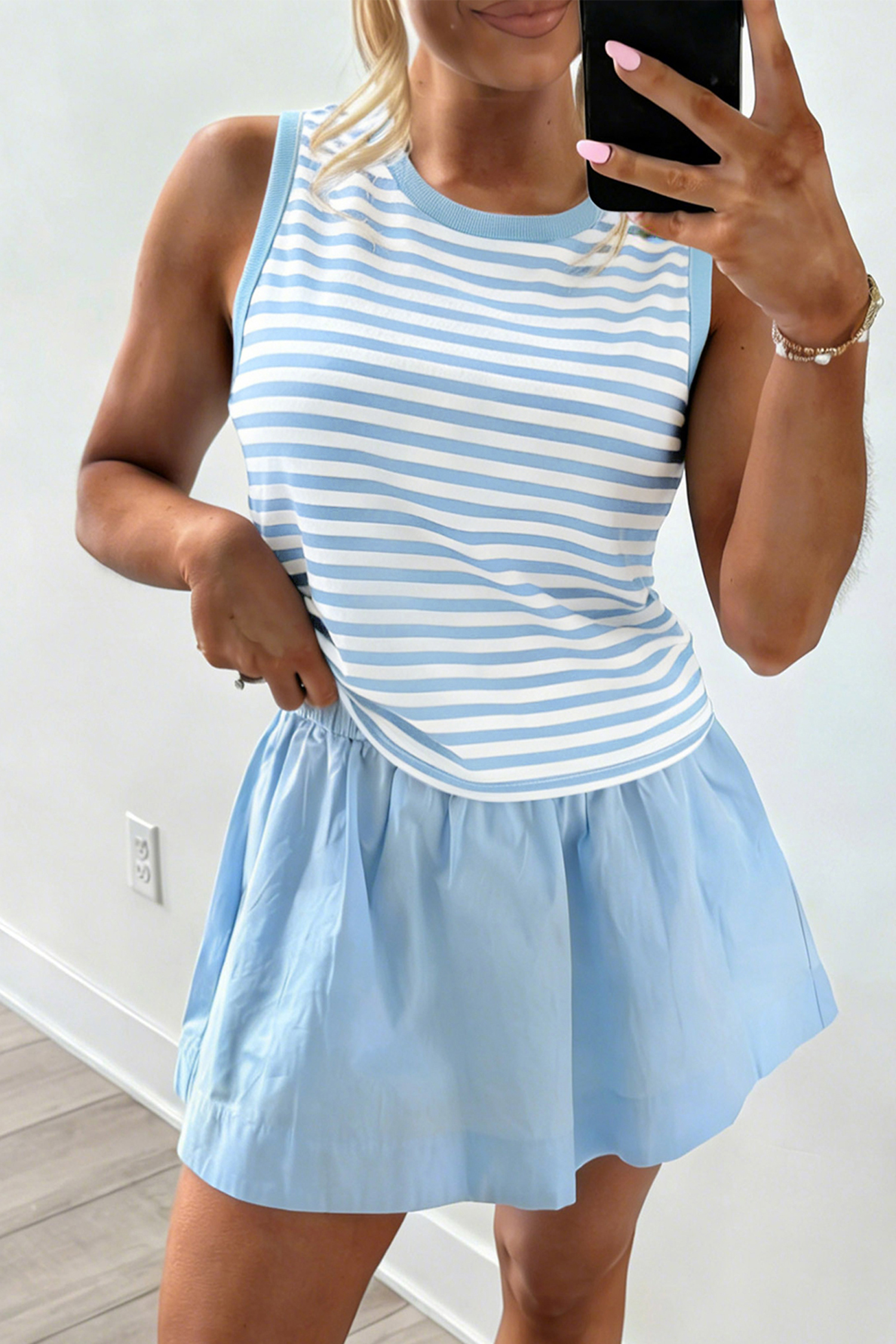 Women's Sky Blue Stripe Tank and Skort Summer Gift - Detail View 3 Women's Sky Blue Stripe Tank and Skort Summer Gift - Detail View 3