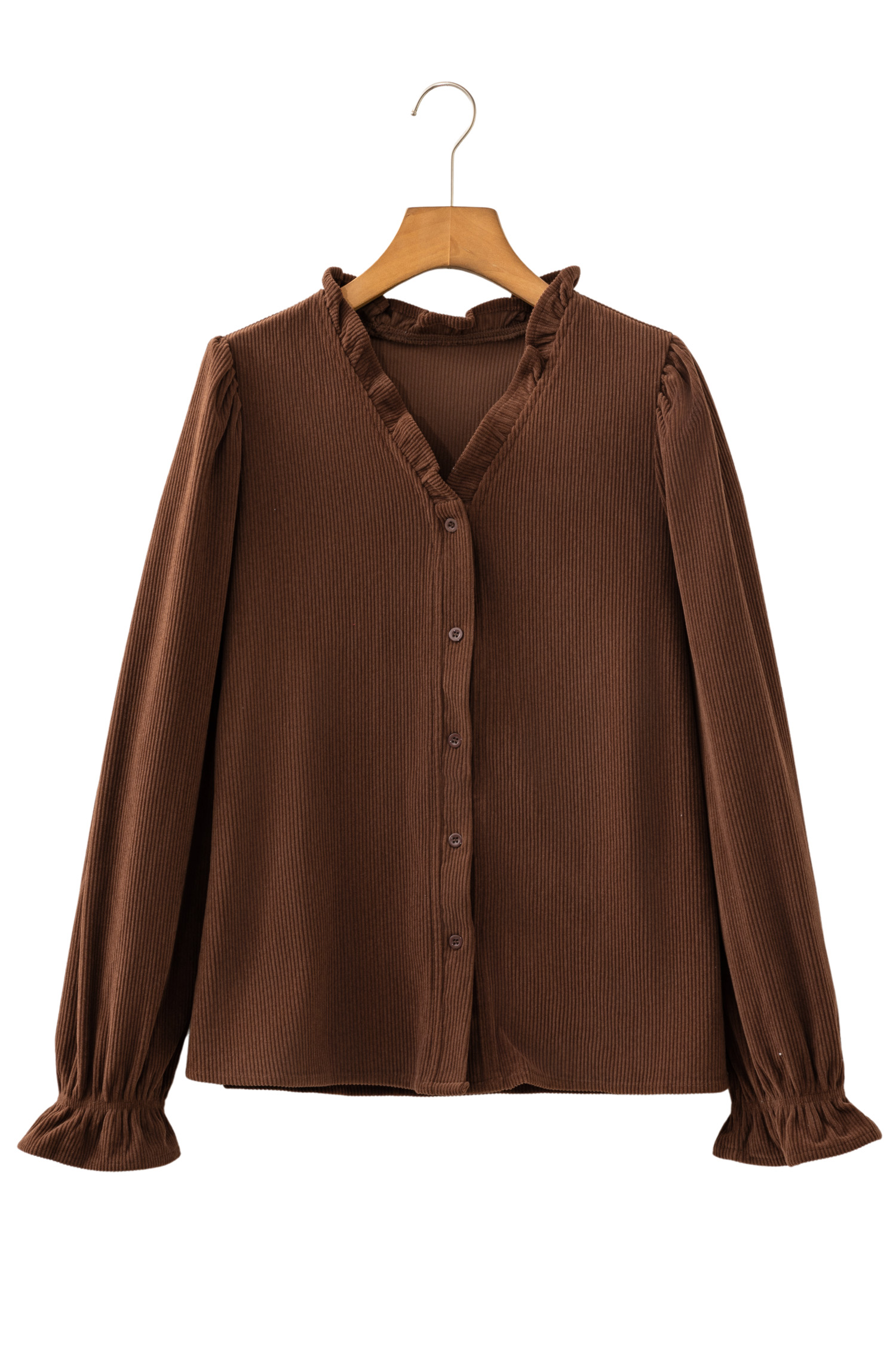 Women's Corduroy V-Neck Blouse – Long Sleeve Ruffle Trim Shirt - Detail View 7 Women's Corduroy V-Neck Blouse – Long Sleeve Ruffle Trim Shirt - Detail View 7
