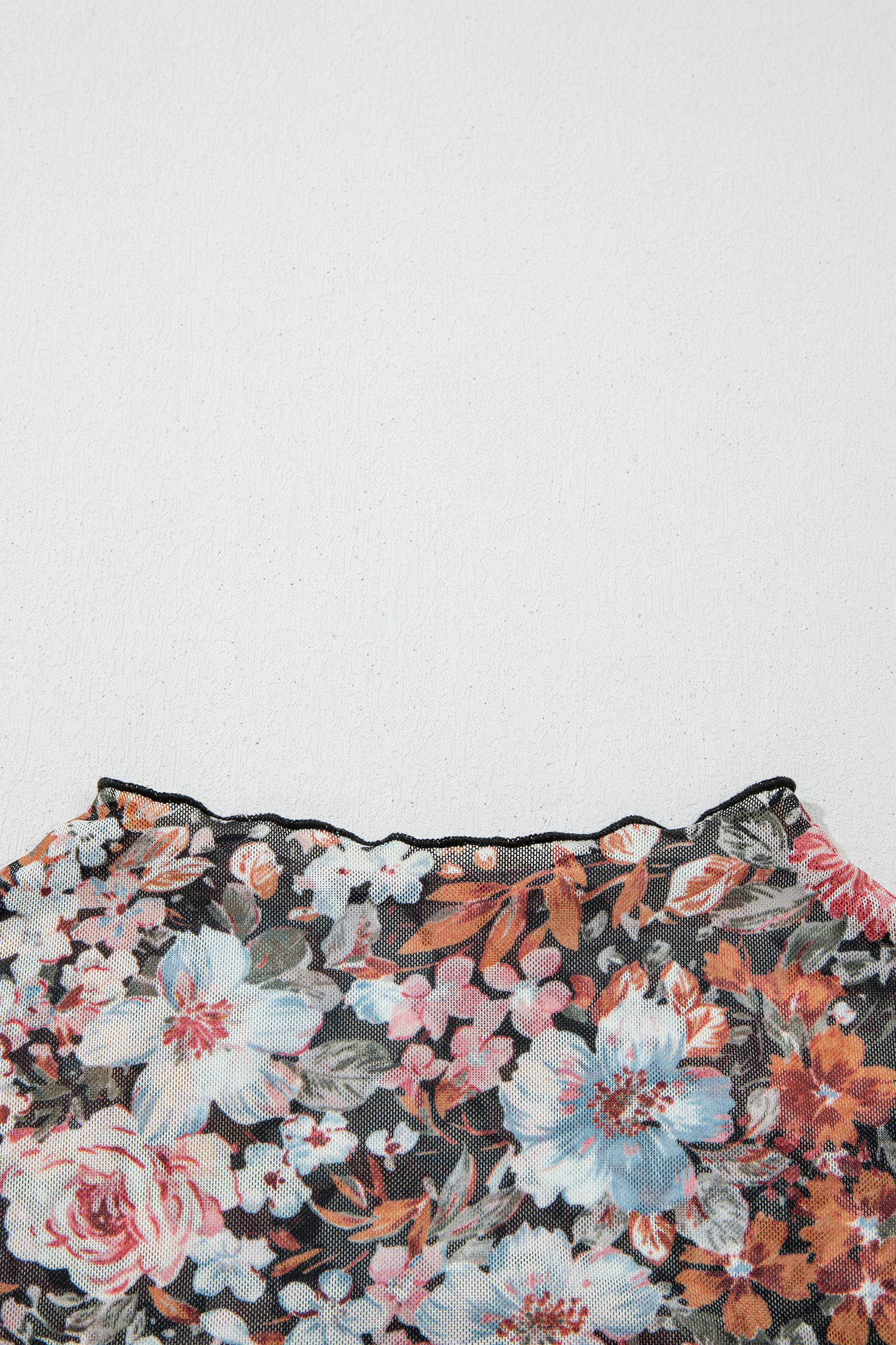 Brown Floral Mesh Shirt, Fitted Round Neck Summer Top - Detail View 11 Brown Floral Mesh Shirt, Fitted Round Neck Summer Top - Detail View 11
