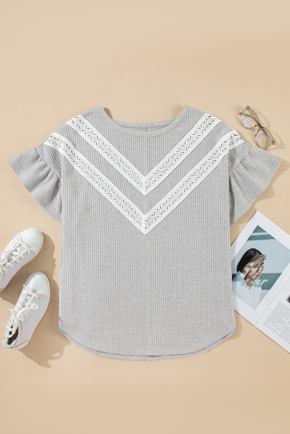 Flowy Fit Short Sleeve Plus Size Top - Stylish Light Grey with Ruffled Sleeves - Detail View 3 Flowy Fit Short Sleeve Plus Size Top - Stylish Light Grey with Ruffled Sleeves - Detail View 3