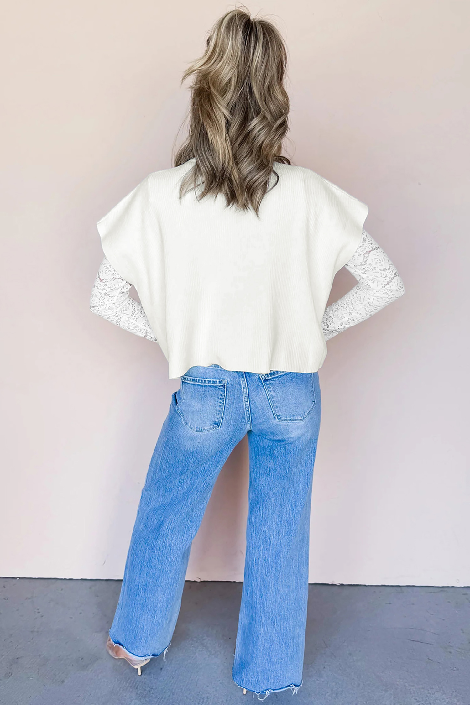White Mock Neck Knit Sweater, Women's Elegant Layered Look - Detail View 8 White Mock Neck Knit Sweater, Women's Elegant Layered Look - Detail View 8