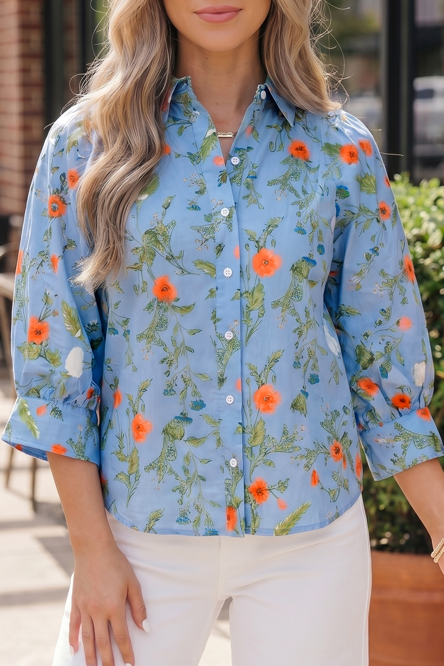 Women's Sky Blue Polyester Shirt, Floral Bracelet Sleeve - Detail View 3 Women's Sky Blue Polyester Shirt, Floral Bracelet Sleeve - Detail View 3