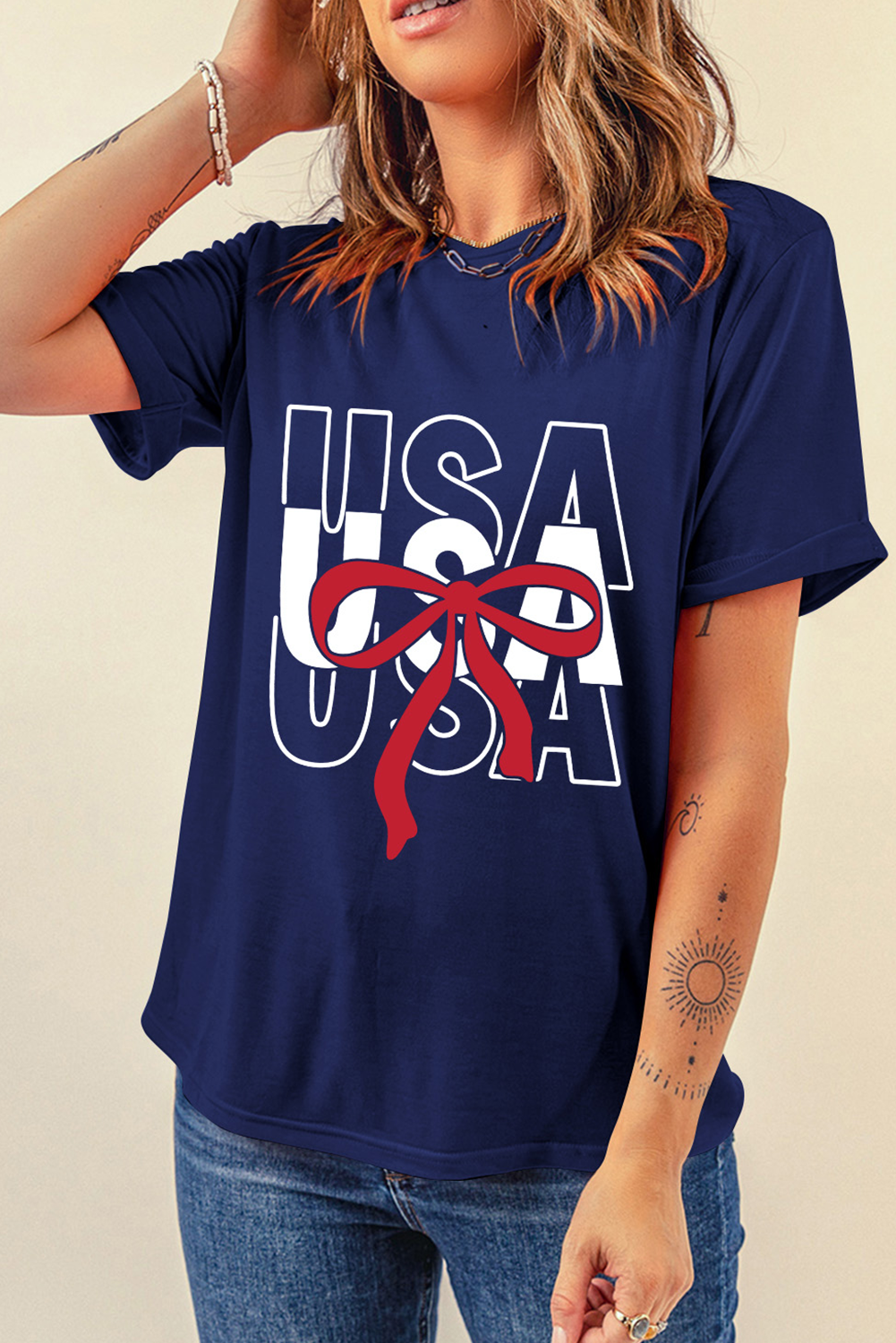 Trendy Casual Tee with USA Print and Cute Bow Design for Women - Detail View 2 Trendy Casual Tee with USA Print and Cute Bow Design for Women - Detail View 2