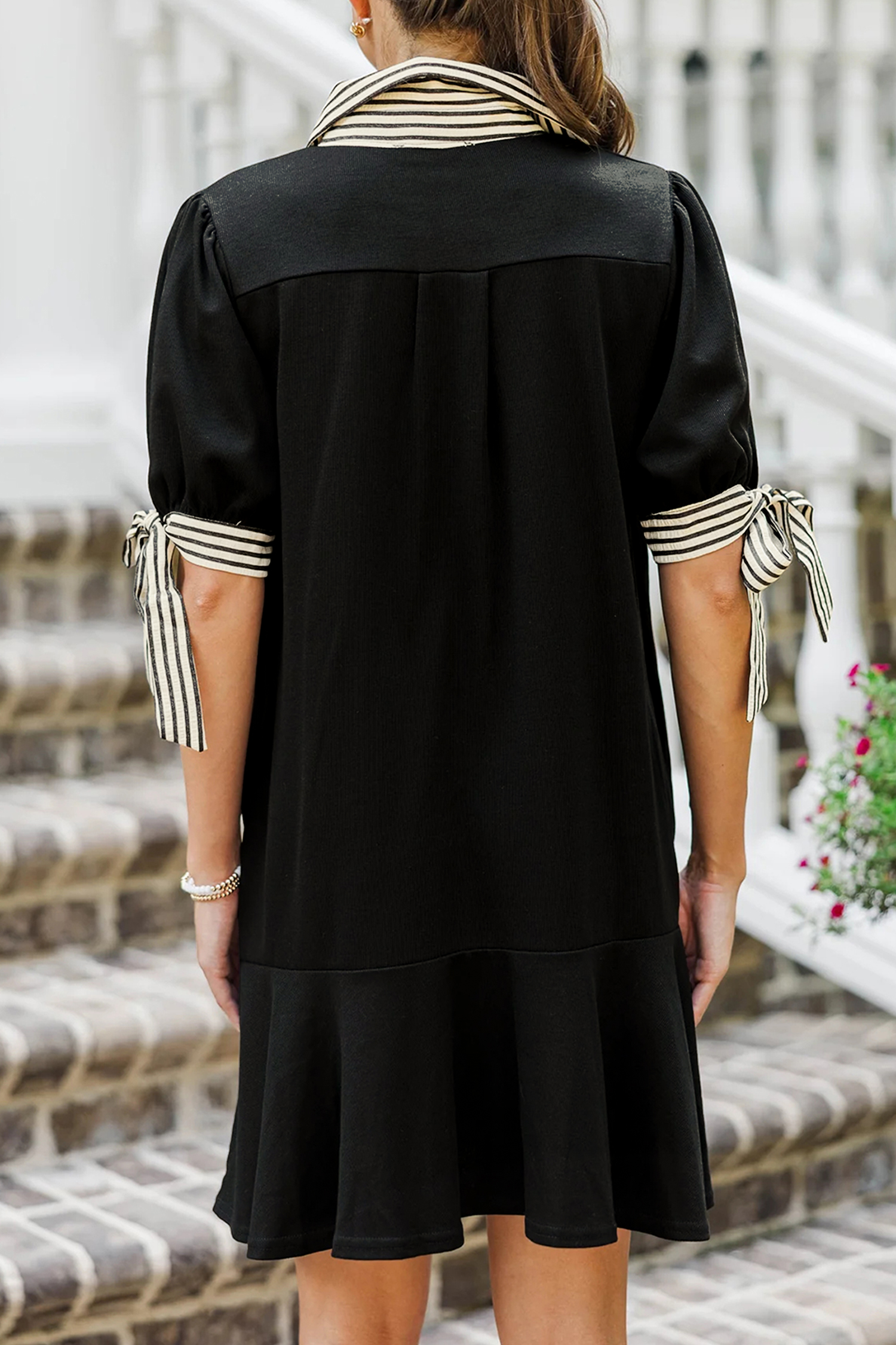 Chic Black Stripe Polo Collar Mini Dress – Perfect for Daily Wear and Graduation Events - Detail View 2 Chic Black Stripe Polo Collar Mini Dress – Perfect for Daily Wear and Graduation Events - Detail View 2