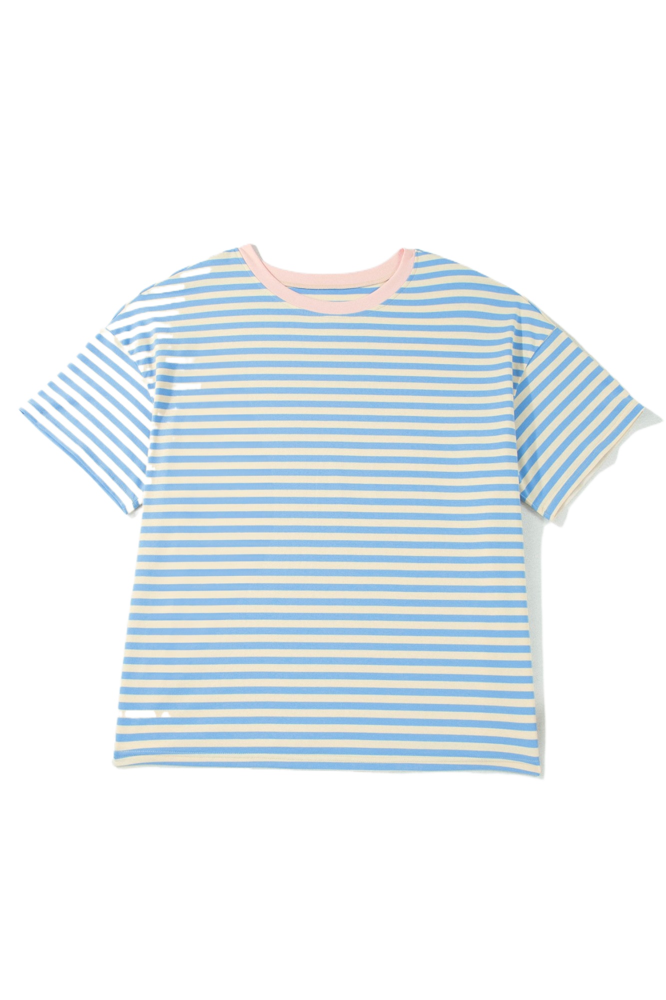 Women's Sky Blue Striped Tee – Casual Drop Shoulder Crew Neck - Main View Women's Sky Blue Striped Tee – Casual Drop Shoulder Crew Neck - Main View