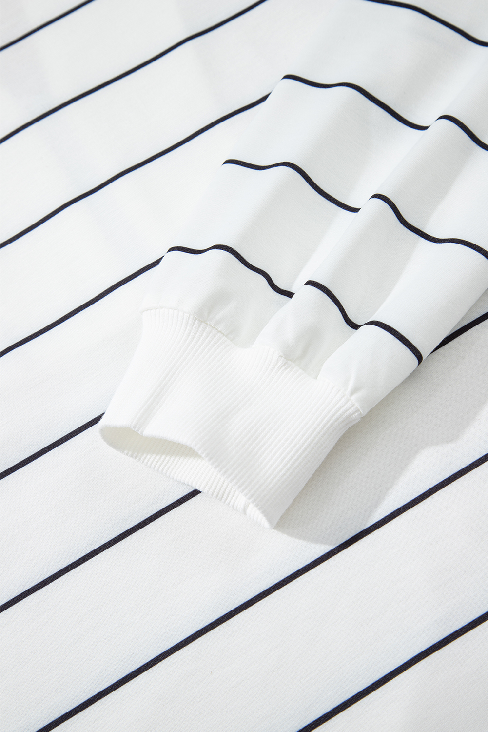 Trendy White Striped Long Sleeve Top with Zip V Neck and Drop Shoulder Design - Detail View 10 Trendy White Striped Long Sleeve Top with Zip V Neck and Drop Shoulder Design - Detail View 10