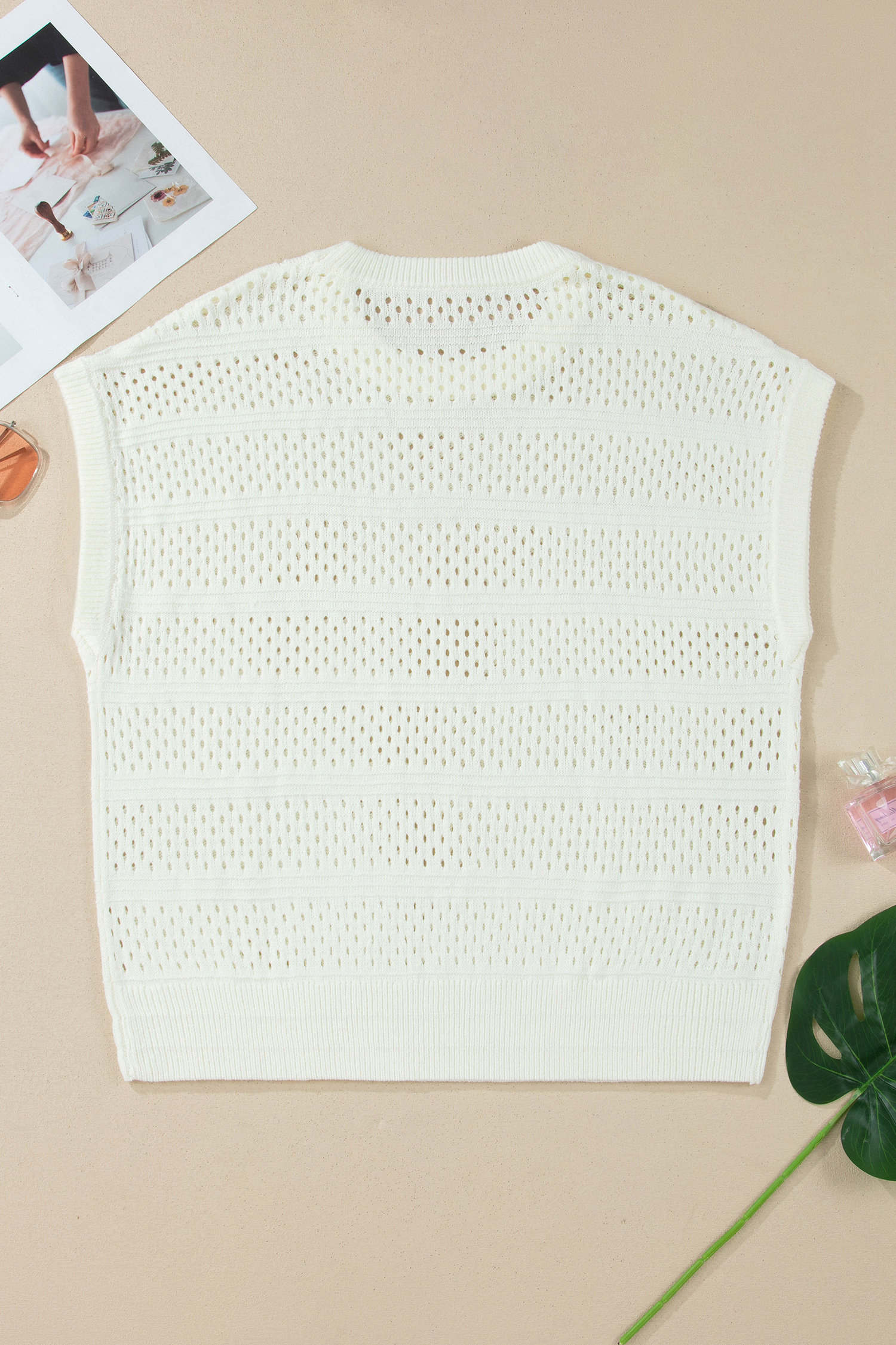 Women's Plus Size Summer Knit Dolman Top – White Eyelet Short Sleeve Sweater with Ribbed Trim, Casual Fit - Detail View 3 Women's Plus Size Summer Knit Dolman Top – White Eyelet Short Sleeve Sweater with Ribbed Trim, Casual Fit - Detail View 3