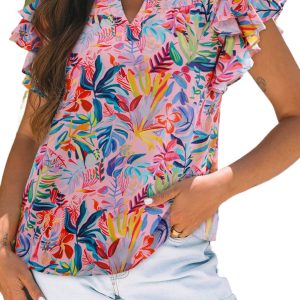 Women's Pink Tropical Floral Print Blouse – Ruffled Short Sleeve Top for Summer Outings - Main View