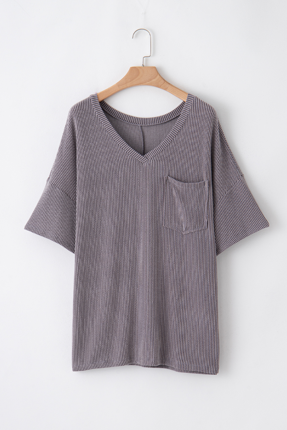 Women's Light Grey Textured V-Neck Plus T-Shirt – Casual Short Sleeve Top for Summer Outings - Detail View 7 Women's Light Grey Textured V-Neck Plus T-Shirt – Casual Short Sleeve Top for Summer Outings - Detail View 7