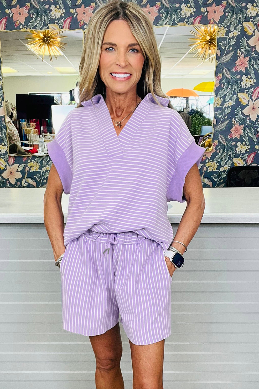 Women's Summer Activewear Set – Purple Pastel Striped Dolman Sleeve Top and High Waist Shorts - Detail View 6 Women's Summer Activewear Set – Purple Pastel Striped Dolman Sleeve Top and High Waist Shorts - Detail View 6