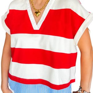 Women's Red Stripe Color Block V Neck Dolman Short Sleeve Top - Main View