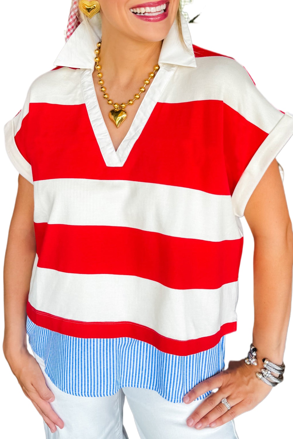 Women's Red Stripe Color Block V Neck Dolman Short Sleeve Top - Main View Women's Red Stripe Color Block V Neck Dolman Short Sleeve Top - Main View
