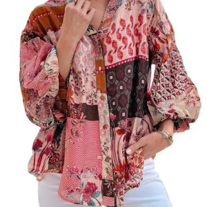 Women's Red Boho Geometric Mixed Print Bubble Sleeve Shirt - Vintage Chic Style - Main View