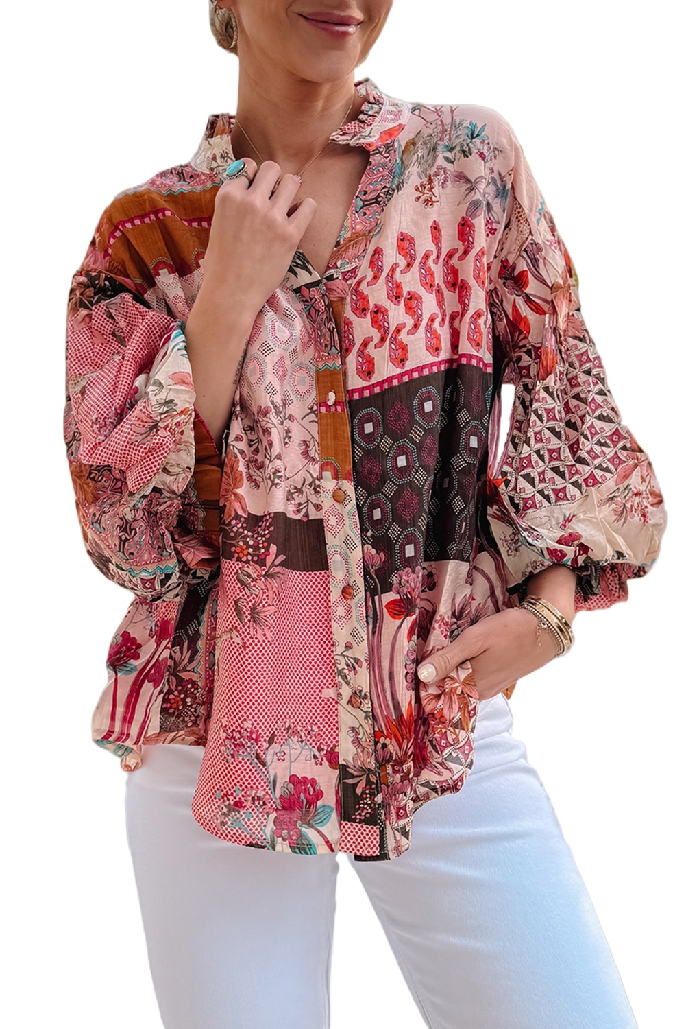 Women's Red Boho Geometric Mixed Print Bubble Sleeve Shirt - Vintage Chic Style - Main View Women's Red Boho Geometric Mixed Print Bubble Sleeve Shirt - Vintage Chic Style - Main View