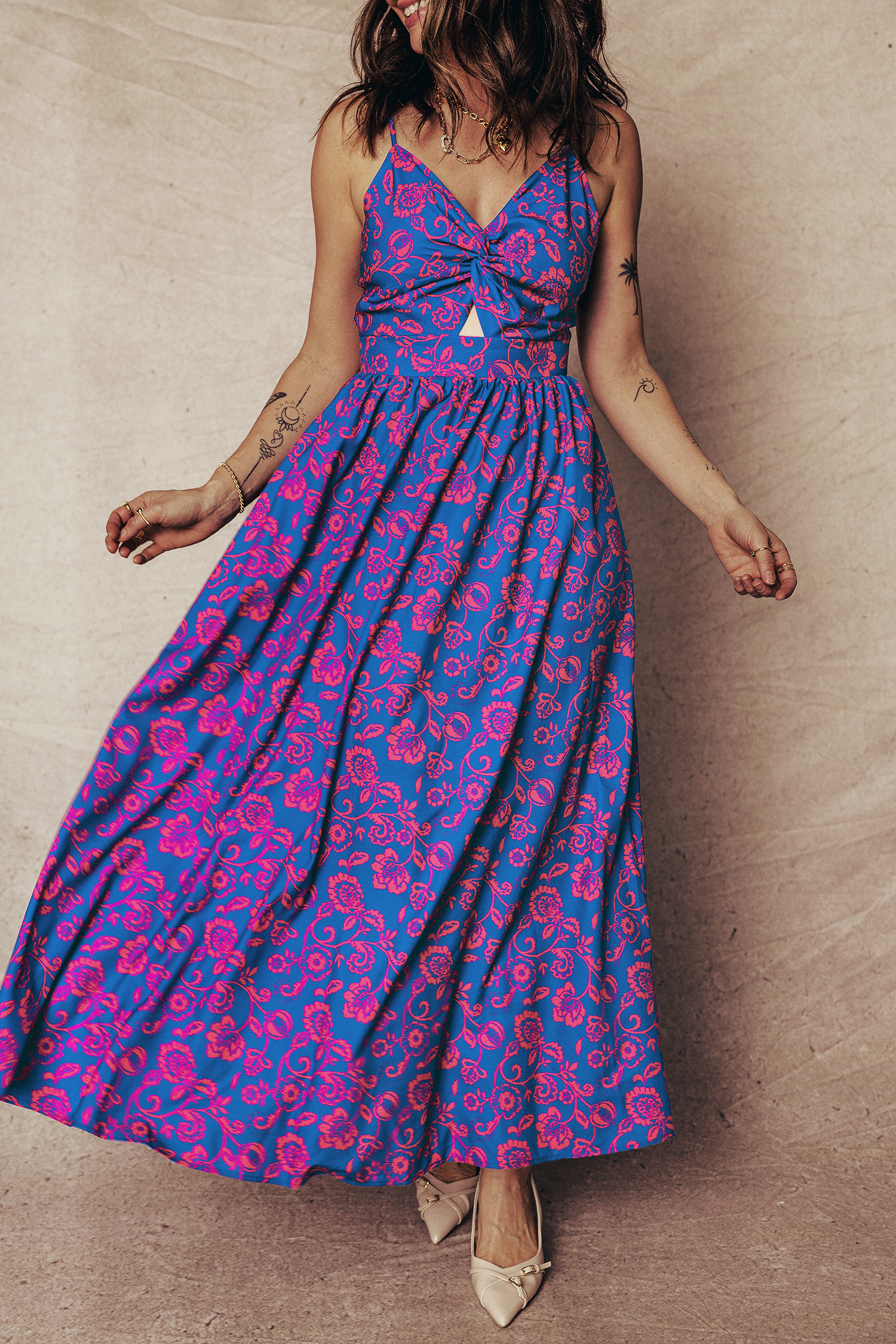 Bohemian Floral Print Maxi Dress for Women – Sleeveless V Neck with Bow Back Detail - Detail View 8 Bohemian Floral Print Maxi Dress for Women – Sleeveless V Neck with Bow Back Detail - Detail View 8