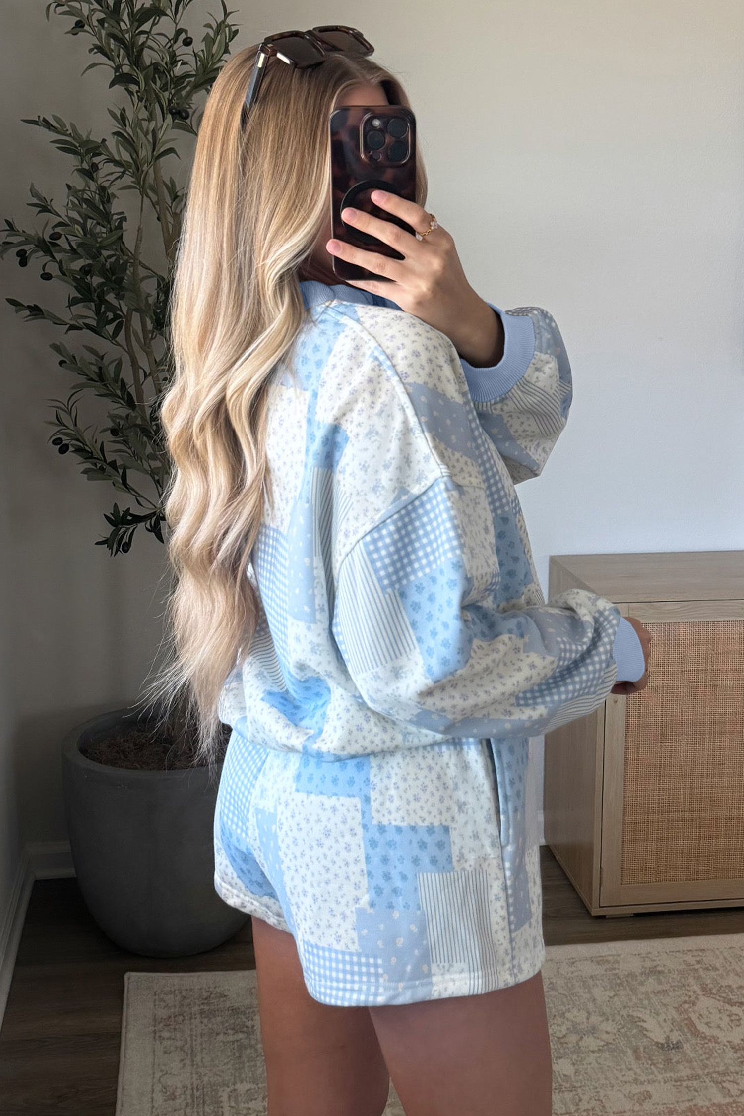 Women's Patchwork Lounge Set, Sky Blue Floral Pullover Shorts - Detail View 7 Women's Patchwork Lounge Set, Sky Blue Floral Pullover Shorts - Detail View 7