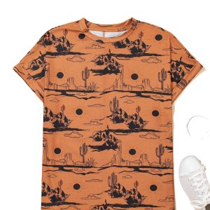 Women's Chestnut Desert Sand Print Short Sleeve Knit Top – Casual Western Style for Summer - Main View