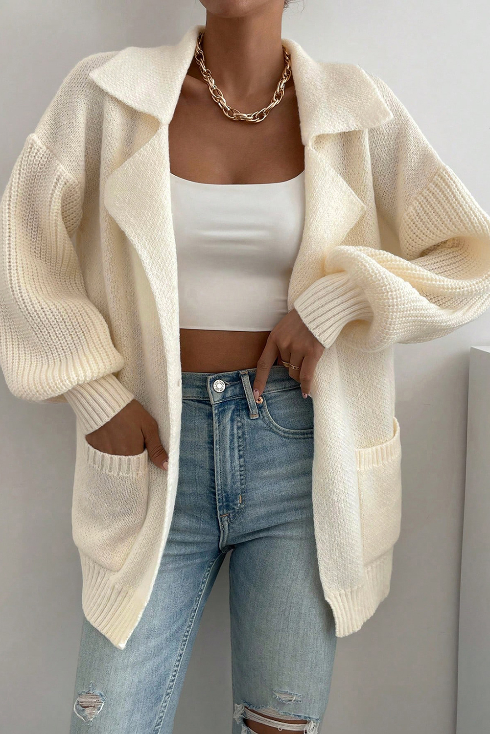 Women's Beige Knit Lapel Collar Cardigan – Casual Fall Layering Essential - Detail View 16 Women's Beige Knit Lapel Collar Cardigan – Casual Fall Layering Essential - Detail View 16
