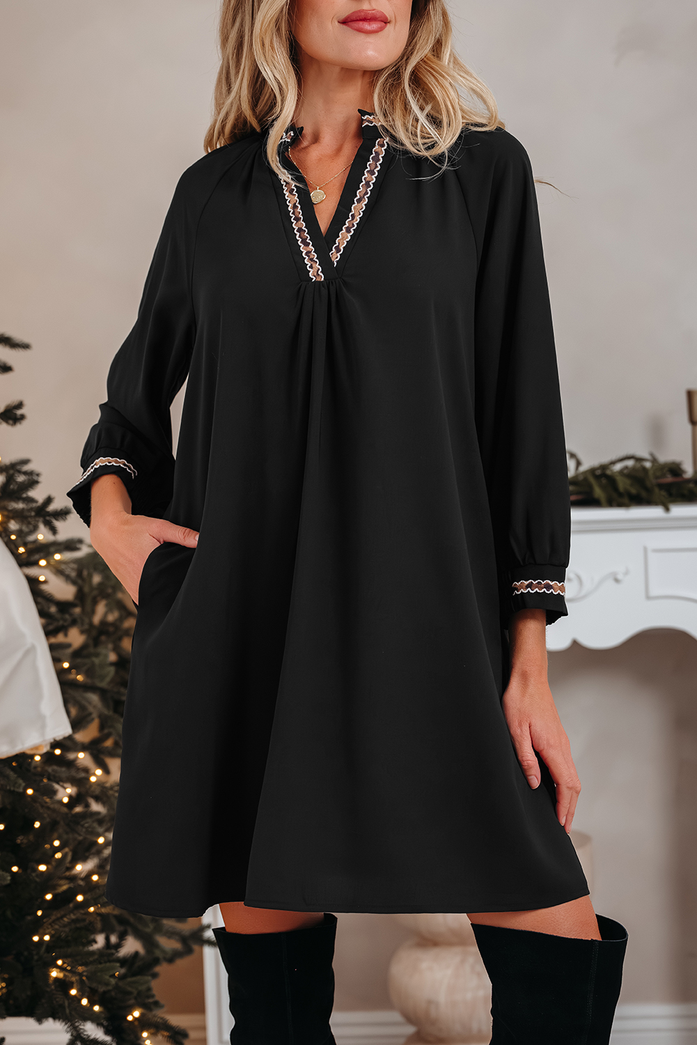 Southern Belle Black Mini Dress: Contrast Trim Bracelet Sleeve Style for Fall - Detail View 8 Southern Belle Black Mini Dress: Contrast Trim Bracelet Sleeve Style for Fall - Detail View 8