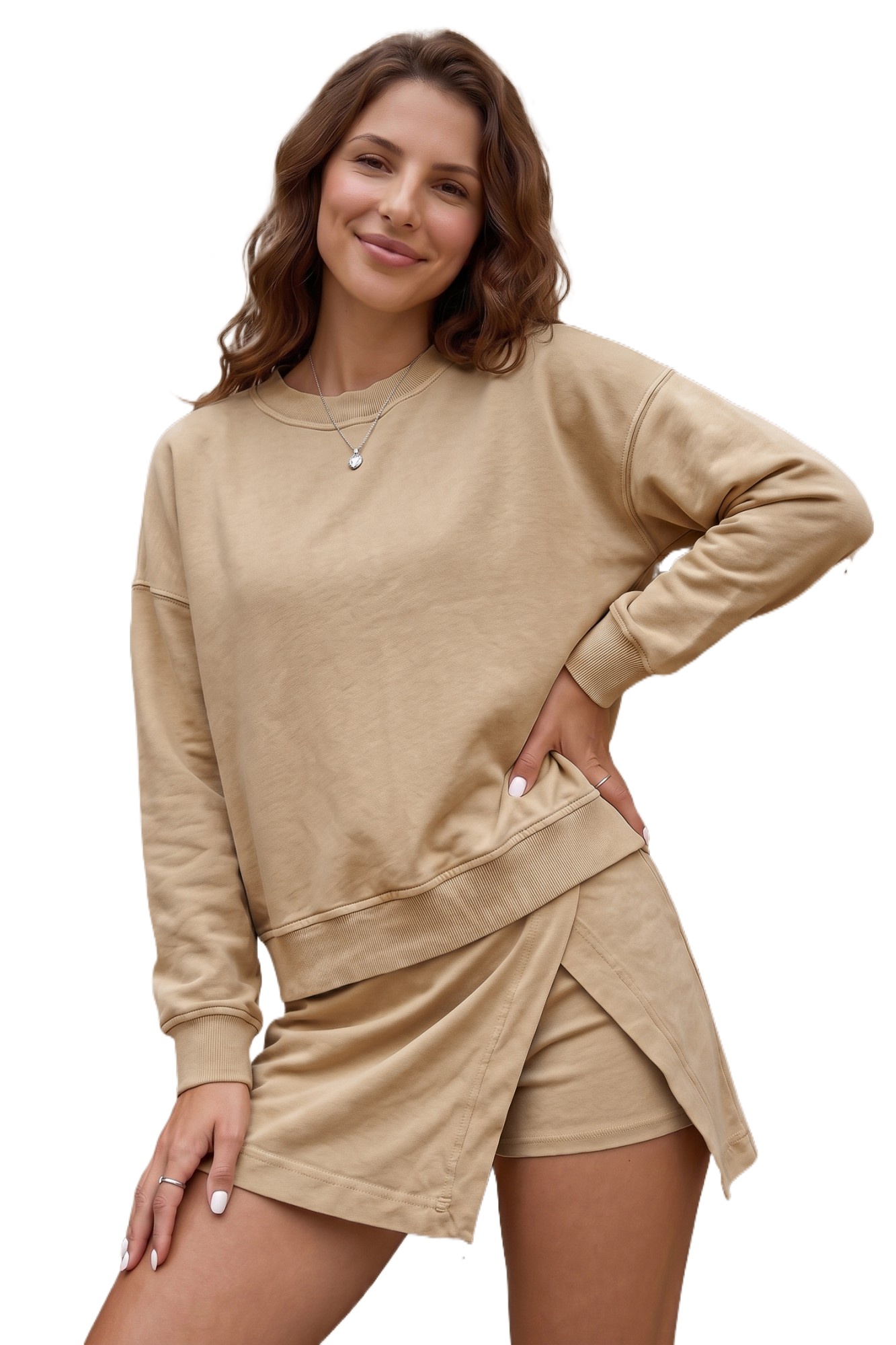 Women's Parchment Skort Set, Casual Long Sleeve Two Piece - Main View Women's Parchment Skort Set, Casual Long Sleeve Two Piece - Main View