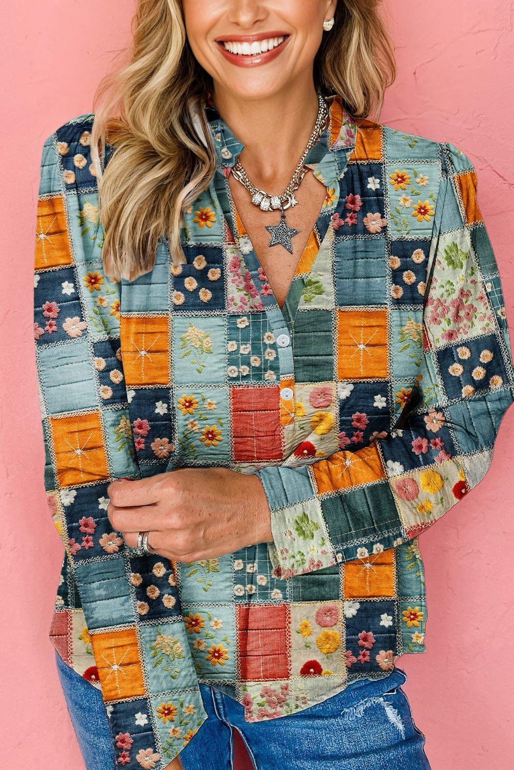 Chic Sky Blue Floral Blouse for Women – Long Sleeve V Neck Top, Ideal for Fall and Autumn - Detail View 2 Chic Sky Blue Floral Blouse for Women – Long Sleeve V Neck Top, Ideal for Fall and Autumn - Detail View 2
