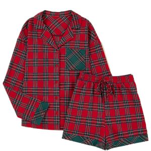 Festive Red Plaid Long Sleeve Pajama Set – Cozy Christmas Attire for Women - Main View