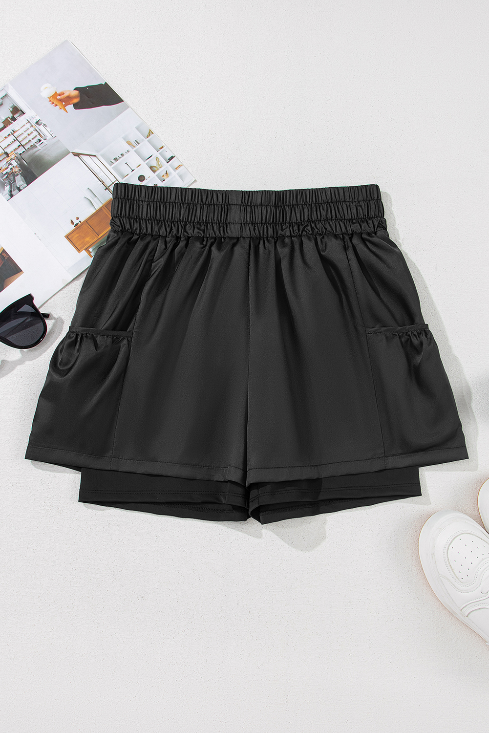 Women's Shorts, Black Casual Shorts, High Waist, Elastic Waistband, Pocketed, Summer Fashion, Comfortable Fit, Daily Wear, Solid Color, Versatile Style, Easy to Wear, Casual Bottoms - Detail View 4 Women's Shorts, Black Casual Shorts, High Waist, Elastic Waistband, Pocketed, Summer Fashion, Comfortable Fit, Daily Wear, Solid Color, Versatile Style, Easy to Wear, Casual Bottoms - Detail View 4
