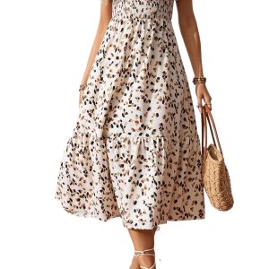 Women's Beige Ditsy Floral Print Dress – Smocked Square Neck with Ruffle Short Sleeves for Summer - Main View