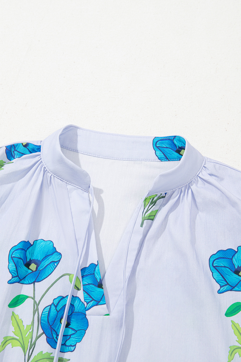 Women's Blouse, Sky Blue, Floral Print, Tie Split Neck, Short Puff Sleeve, Casual Style, Summer Fashion, Daily Wear, 100% Cotton, Trendy Top, Comfortable Fit, Elegant Design, Shift Silhouette - Detail View 8 Women's Blouse, Sky Blue, Floral Print, Tie Split Neck, Short Puff Sleeve, Casual Style, Summer Fashion, Daily Wear, 100% Cotton, Trendy Top, Comfortable Fit, Elegant Design, Shift Silhouette - Detail View 8
