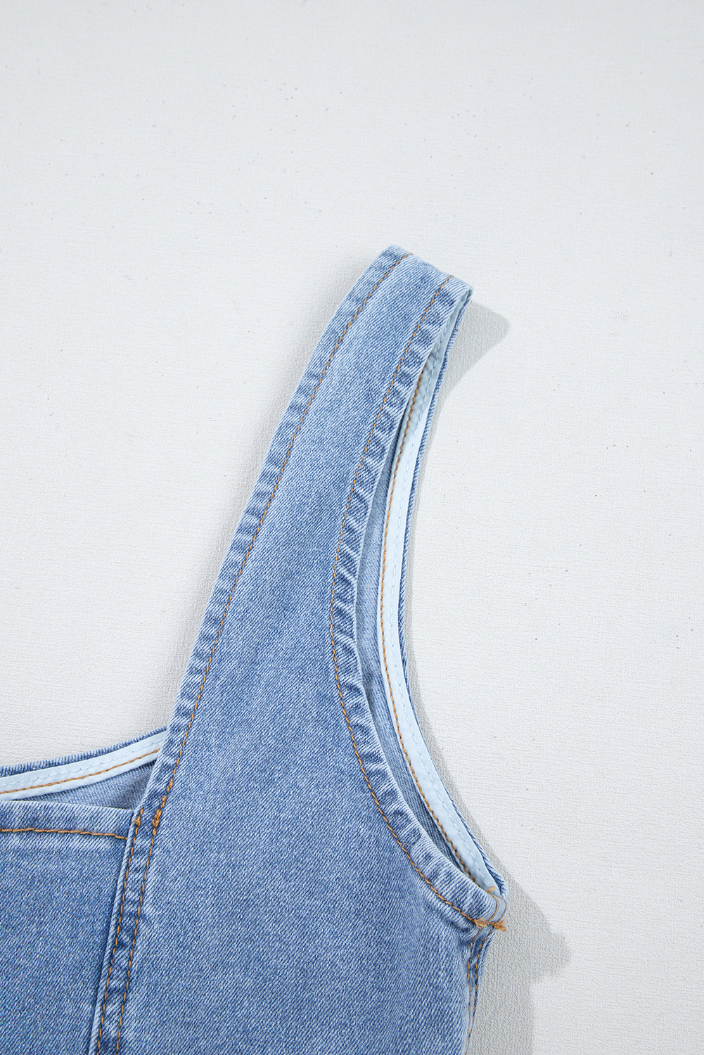 Women's Beau Blue Sleeveless Denim Mini Dress with Zipper Front and Square Neck - Detail View 13 Women's Beau Blue Sleeveless Denim Mini Dress with Zipper Front and Square Neck - Detail View 13