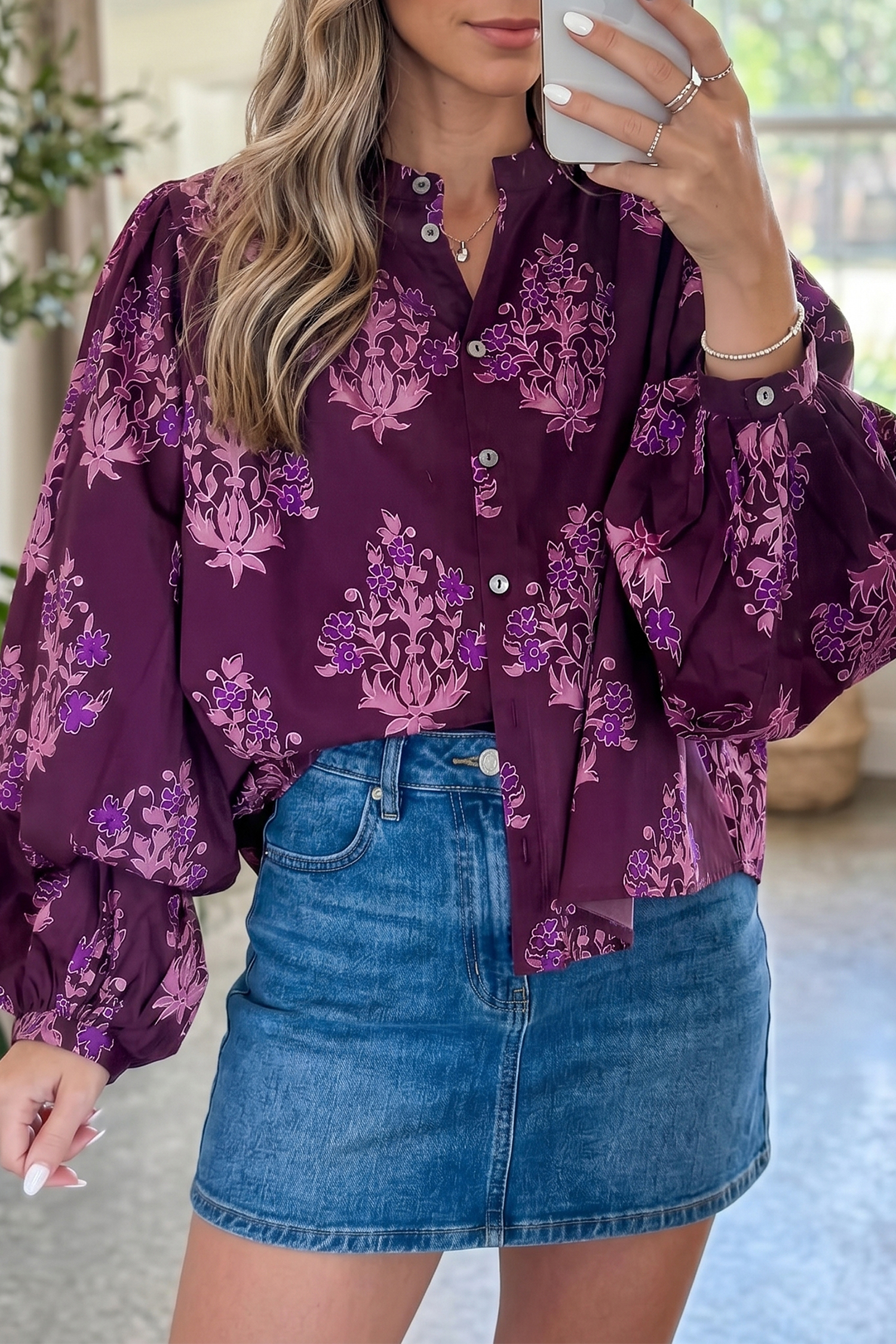 Southern Belle Floral Print Shirt – Long Puff Sleeve Top - Detail View 2 Southern Belle Floral Print Shirt – Long Puff Sleeve Top - Detail View 2