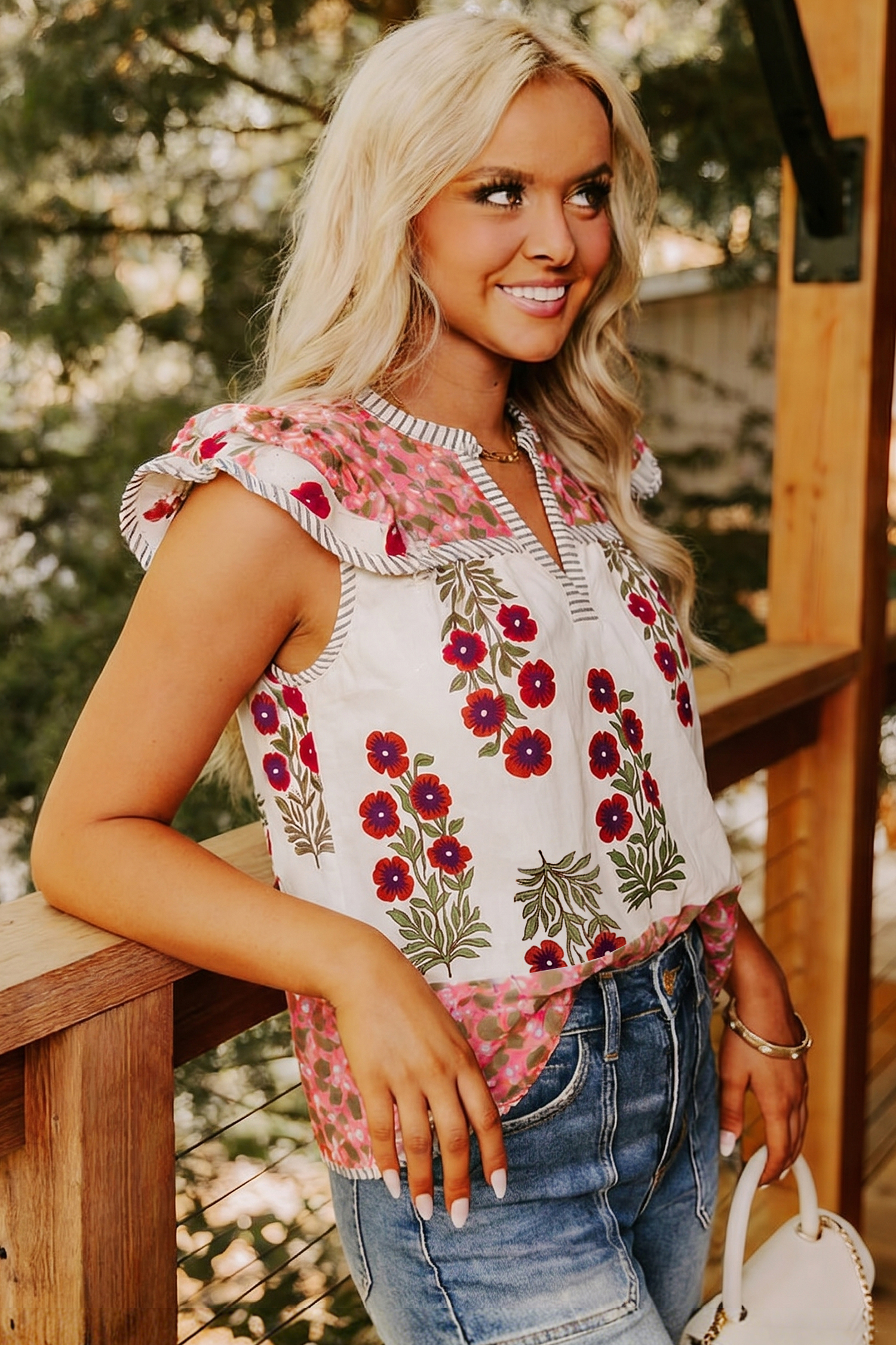 Casual Floral Print Cotton Blouse for Women – Summer Vacation Shift Top with Contrast Trim - Detail View 5 Casual Floral Print Cotton Blouse for Women – Summer Vacation Shift Top with Contrast Trim - Detail View 5