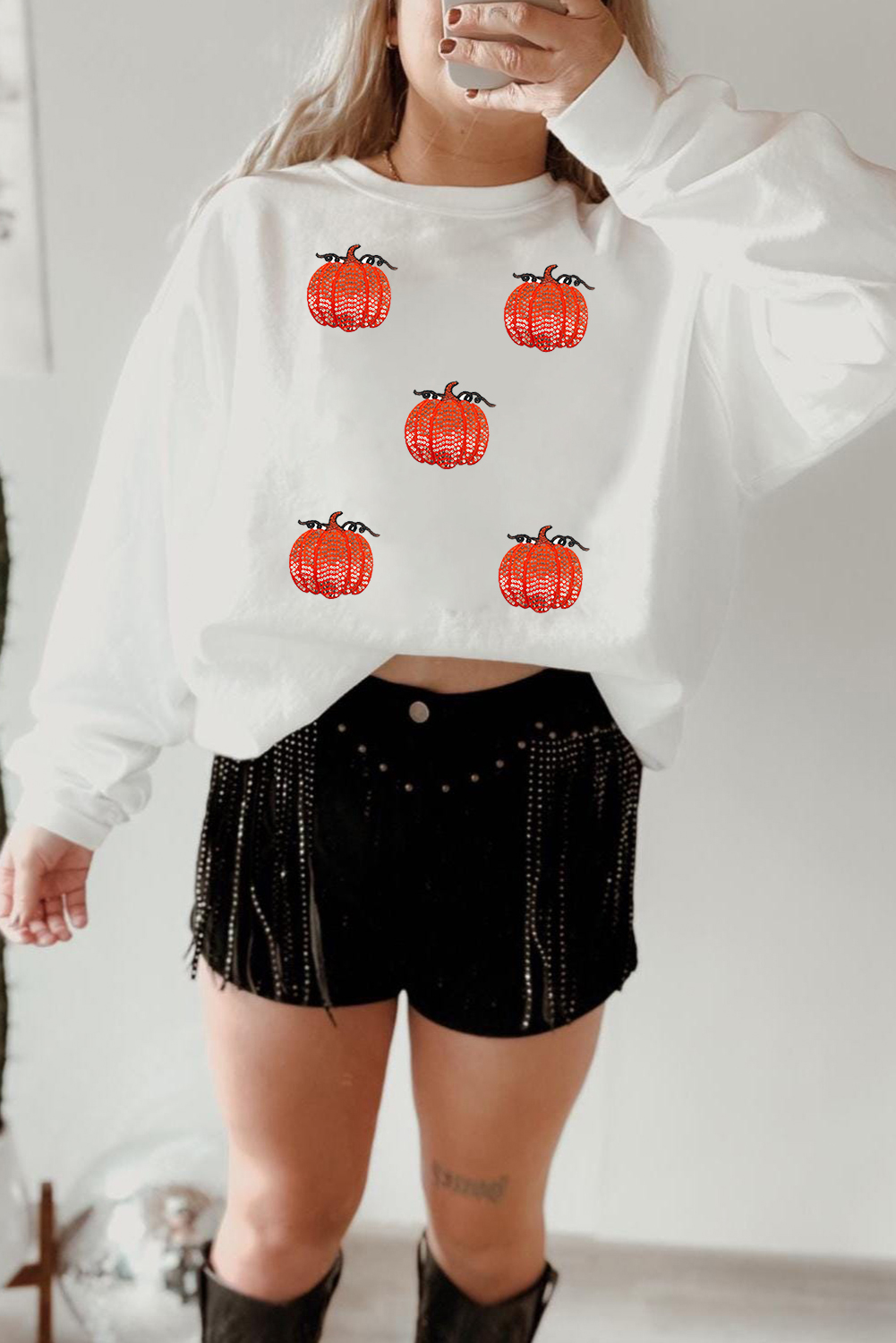 Women's White Sequin Pumpkin Patched Drop Shoulder Long Sleeve Sweatshirt for Fall - Detail View 5 Women's White Sequin Pumpkin Patched Drop Shoulder Long Sleeve Sweatshirt for Fall - Detail View 5