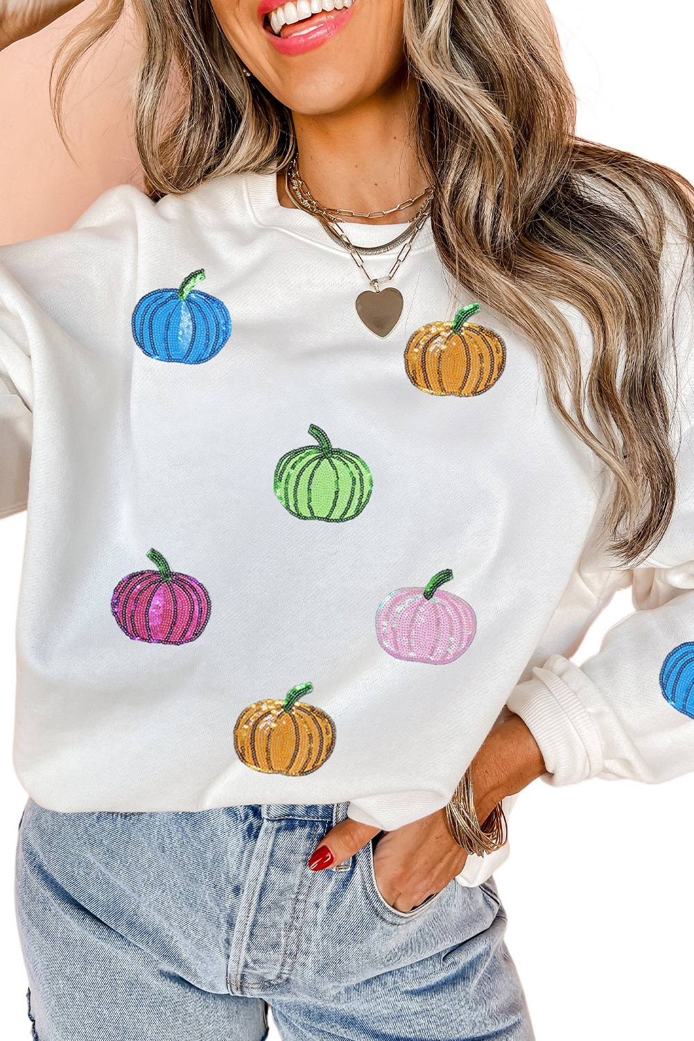 Casual Long Sleeve Sweatshirt with Round Neck and Fun Sequin Pumpkin Design - Detail View 2 Casual Long Sleeve Sweatshirt with Round Neck and Fun Sequin Pumpkin Design - Detail View 2