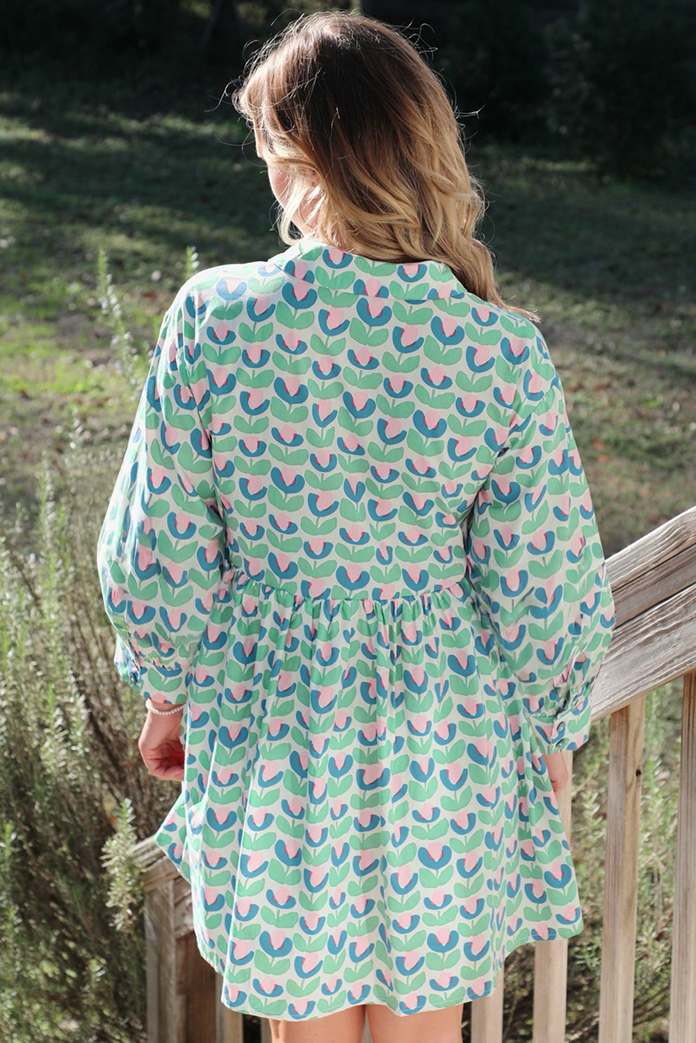 Stylish Long Sleeve Mini Dress for Spring - Green Floral Pattern with Natural Waistline - Detail View 3 Stylish Long Sleeve Mini Dress for Spring - Green Floral Pattern with Natural Waistline - Detail View 3