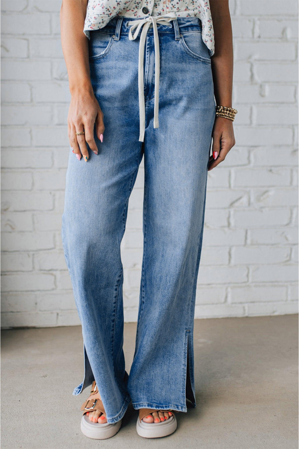 Women's Jeans, Myosotis Color, High Rise, Drawstring, Casual, Wide Leg, Split Leg, Denim, Daily Wear, Comfortable Fit, Fall Fashion, Solid Pattern, Pockets, Versatile Style - Detail View 8 Women's Jeans, Myosotis Color, High Rise, Drawstring, Casual, Wide Leg, Split Leg, Denim, Daily Wear, Comfortable Fit, Fall Fashion, Solid Pattern, Pockets, Versatile Style - Detail View 8