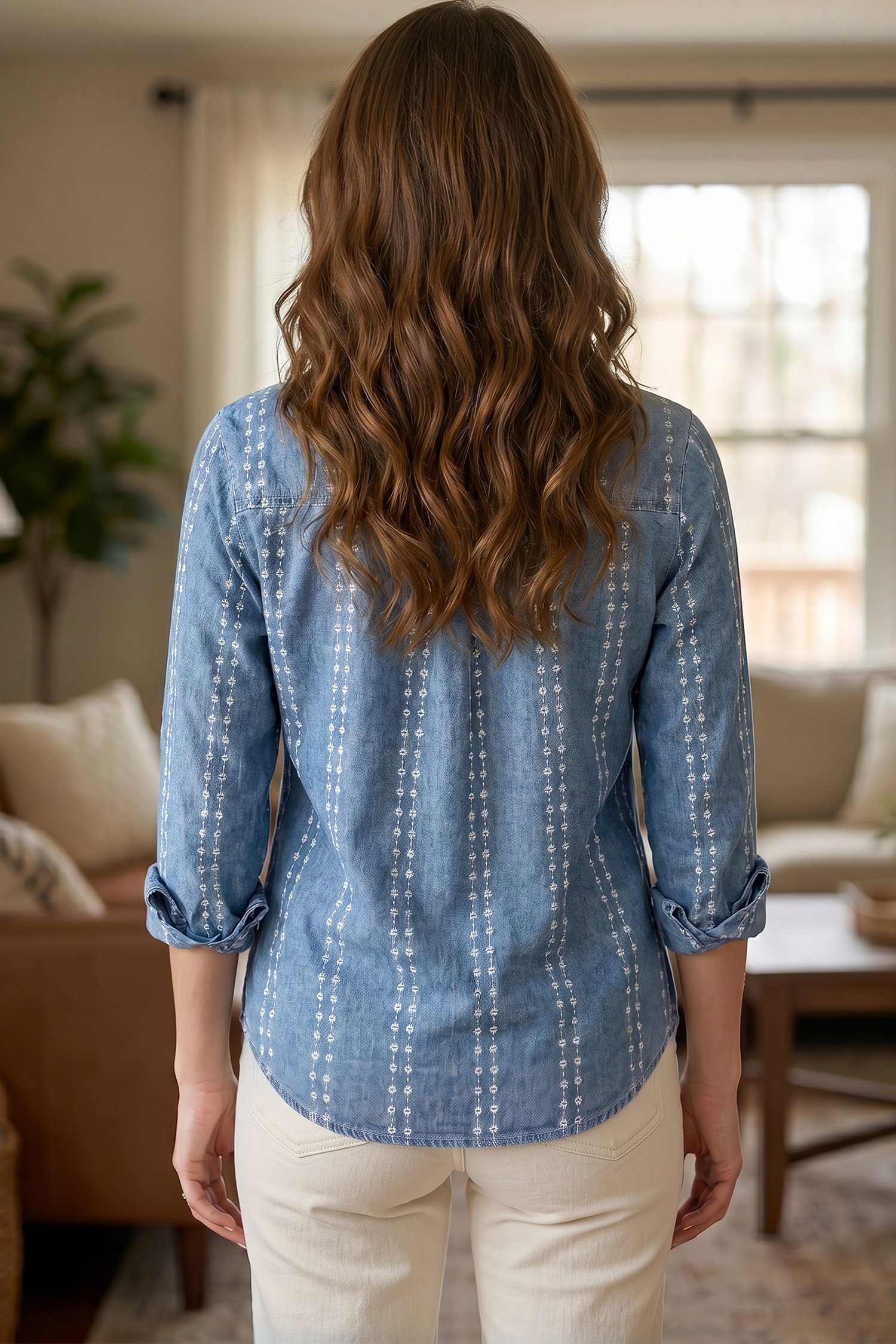 Womens Striped Floral Denim Shirt, Autumn Button Down Top - Detail View 2 Womens Striped Floral Denim Shirt, Autumn Button Down Top - Detail View 2