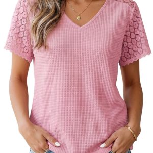 Women's Pink Waffle Knit Blouse – Lace Trim V-Neck Top - Main View