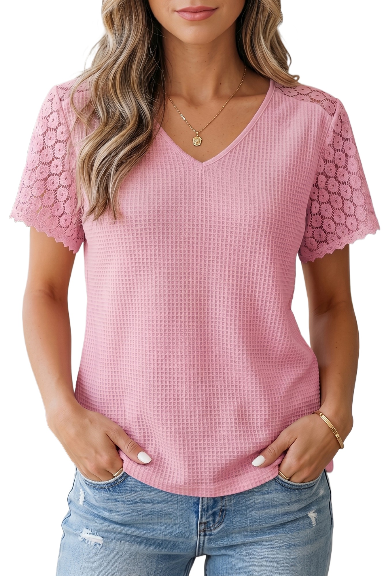 Women's Pink Waffle Knit Blouse – Lace Trim V-Neck Top - Main View Women's Pink Waffle Knit Blouse – Lace Trim V-Neck Top - Main View