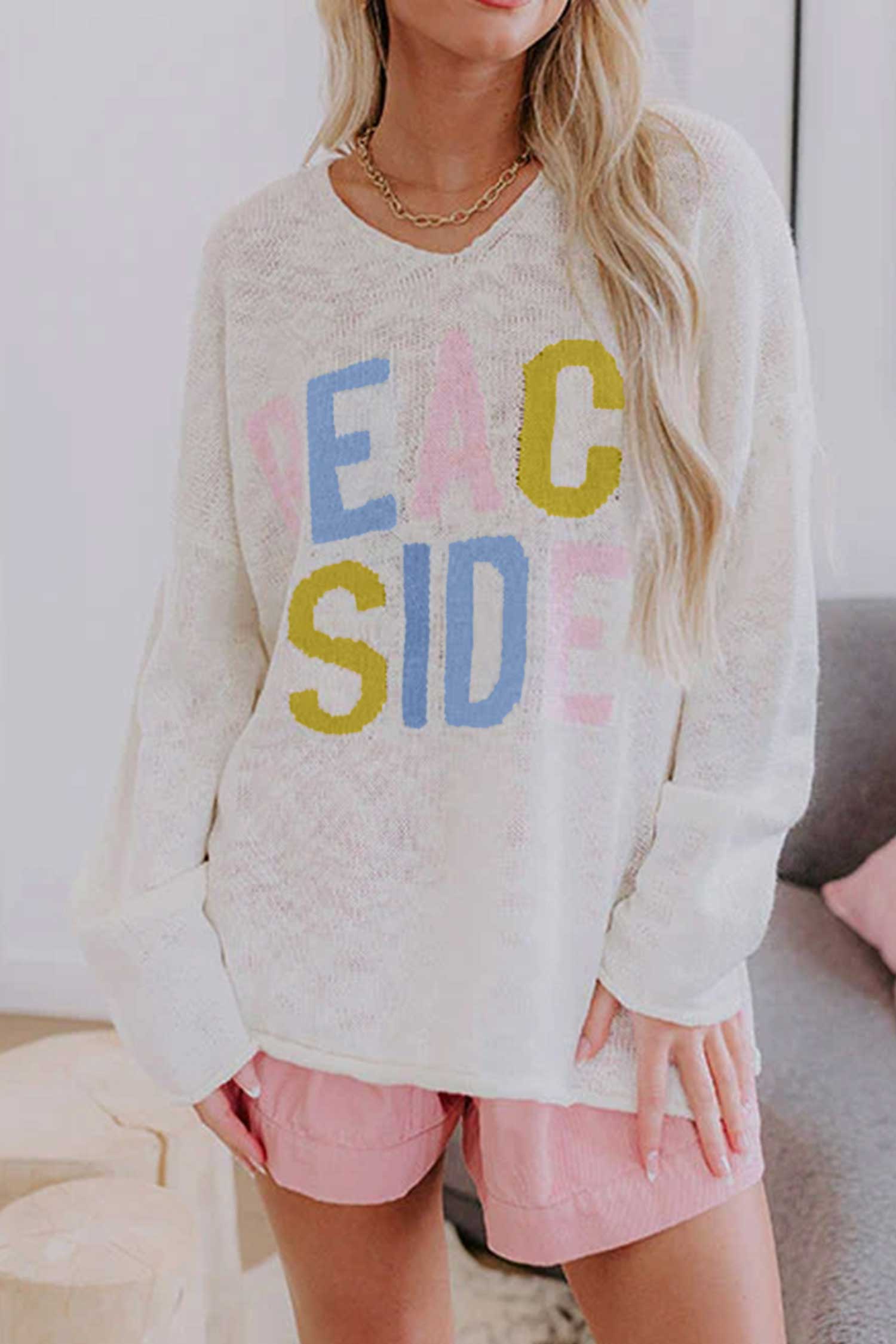Women's 100% Cotton Tunic Sweater, V Neck Vacation Knit Top - Detail View 3 Women's 100% Cotton Tunic Sweater, V Neck Vacation Knit Top - Detail View 3