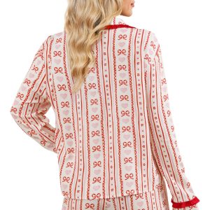 Women's Red Floral Heart Bow Print Long Sleeve Pajama Set for Cozy Nights - Main View