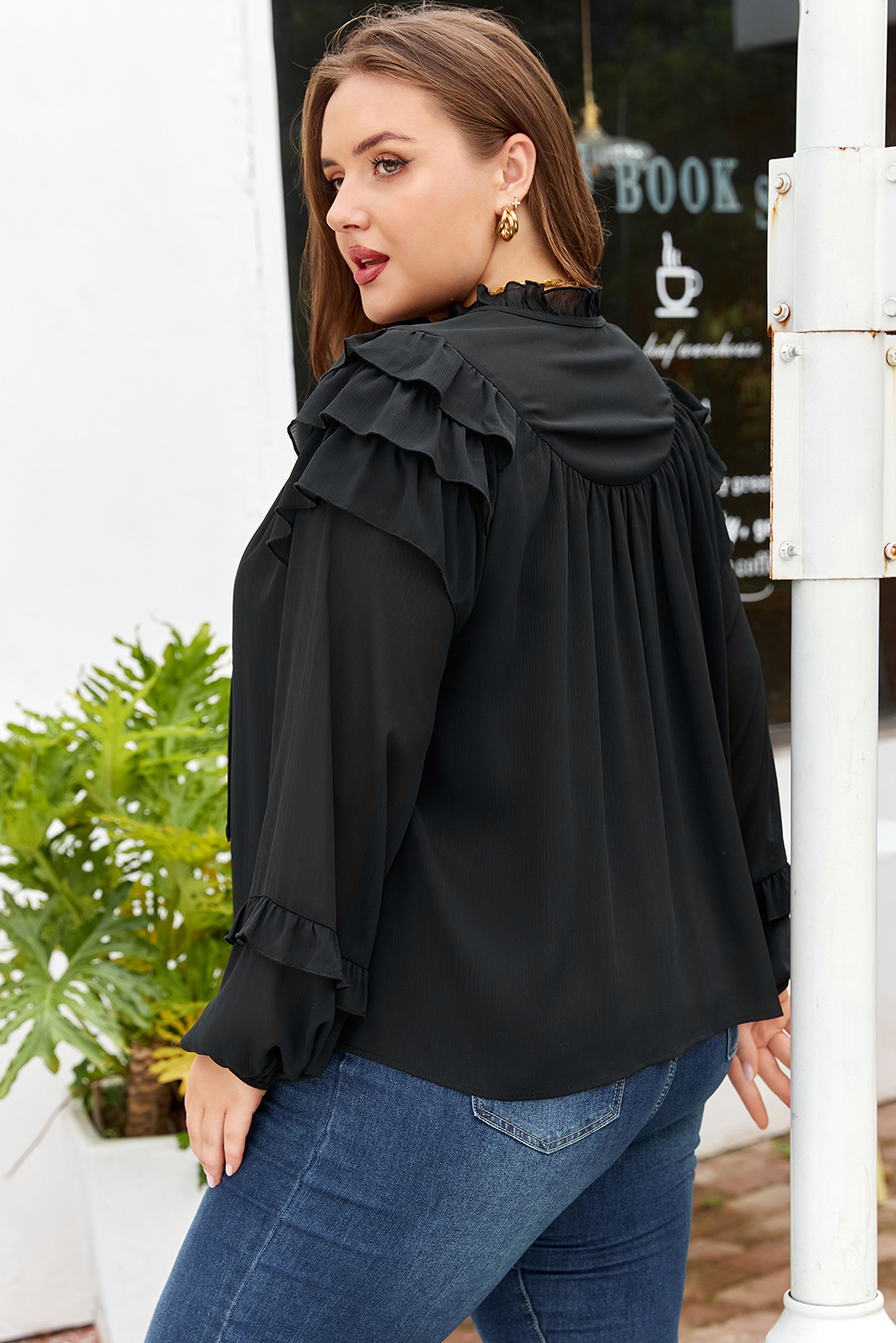 Elegant Black V-Neck Plus Size Blouse for Women – Ruffle Long Sleeve Casual Style - Detail View 2 Elegant Black V-Neck Plus Size Blouse for Women – Ruffle Long Sleeve Casual Style - Detail View 2
