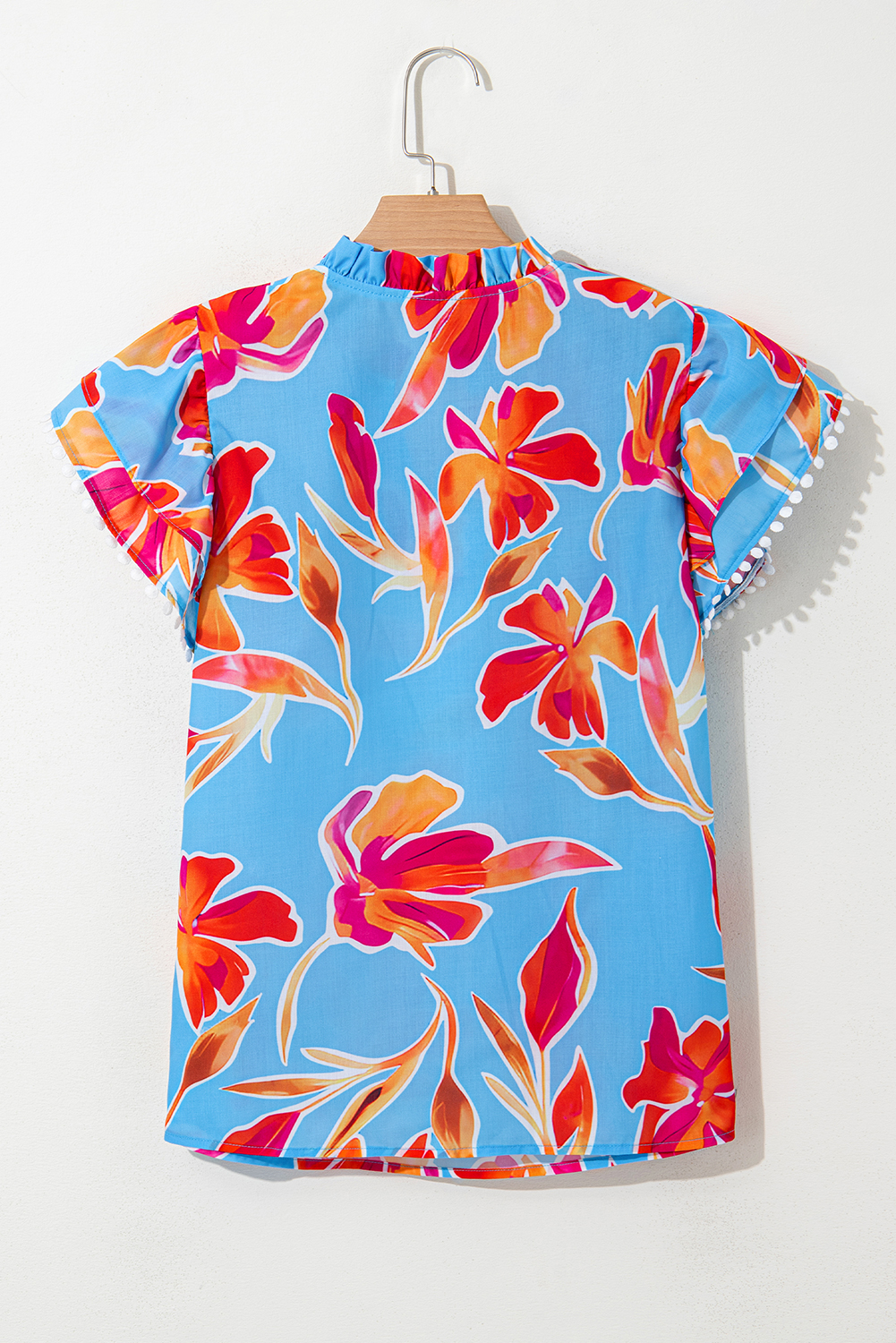 Feminine Flutter Sleeve Blouse - Sky Blue Floral Design for Daily Wear - Detail View 3 Feminine Flutter Sleeve Blouse - Sky Blue Floral Design for Daily Wear - Detail View 3
