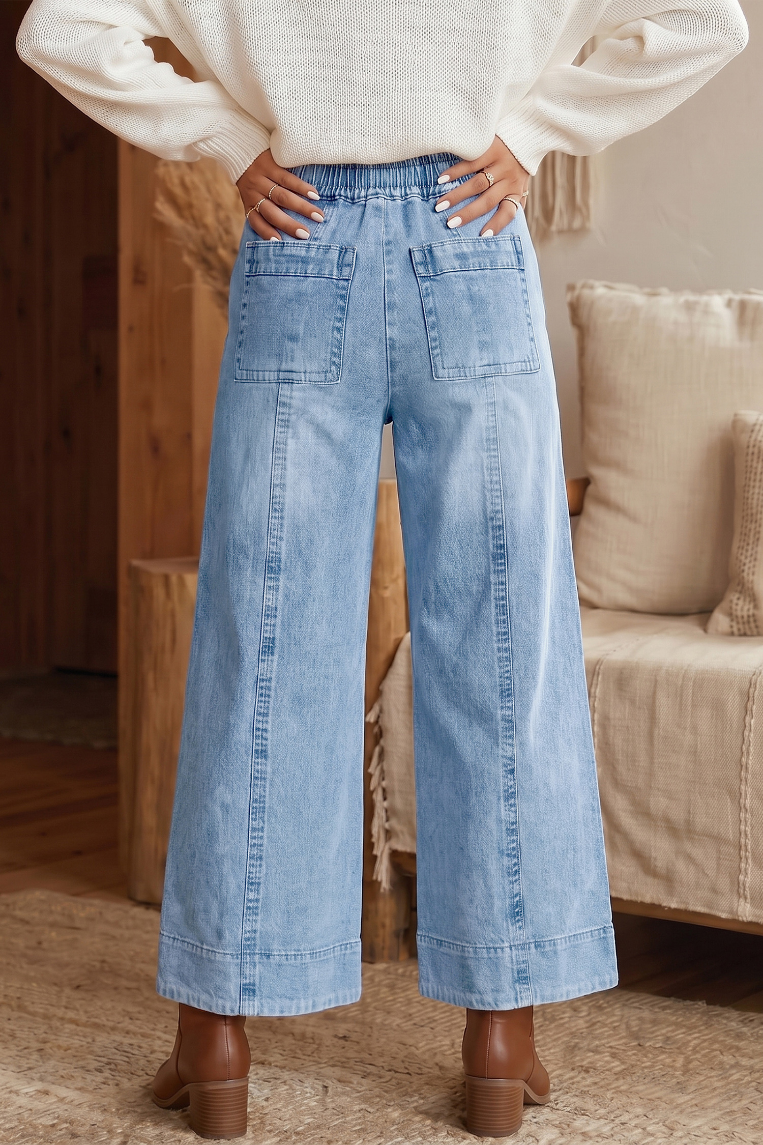 High Waist Wide Leg Denim, Beau Blue Relaxed Ankle Jeans - Detail View 2 High Waist Wide Leg Denim, Beau Blue Relaxed Ankle Jeans - Detail View 2