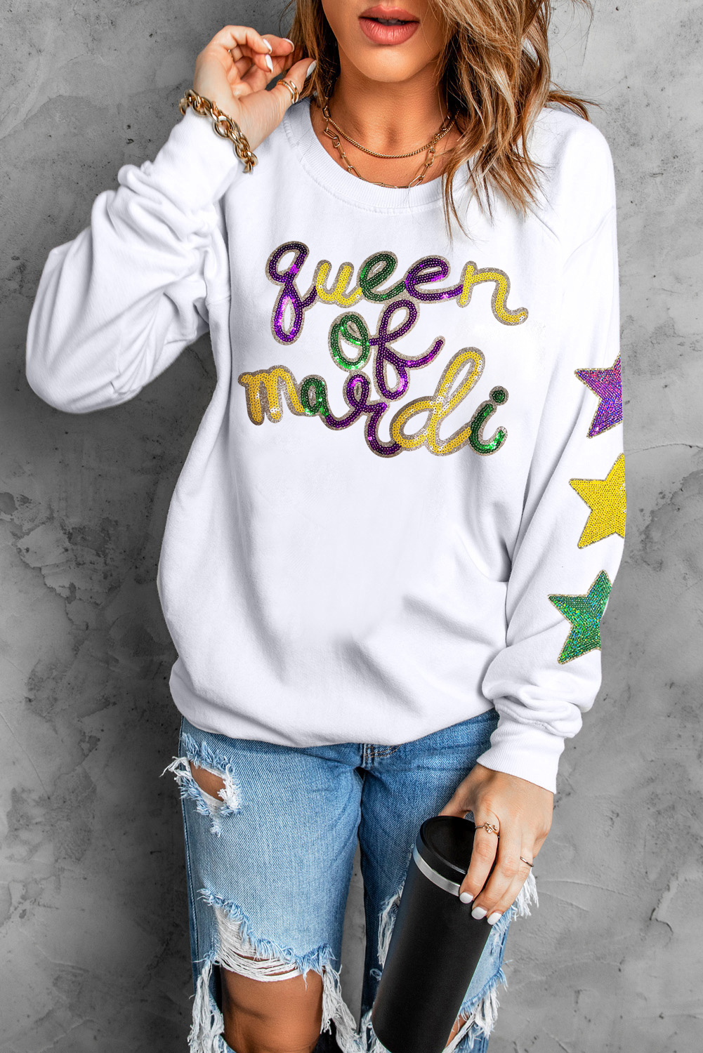 Women's Sweatshirt, White Pullover, Sequin Design, Queen of Party, Graphic Print, Star Sleeves, Casual Wear, Long Sleeve, Round Neck, Comfortable, Fall Fashion, Daily Wear, Trendy Style, Graphic Sweatshirts - Detail View 4 Women's Sweatshirt, White Pullover, Sequin Design, Queen of Party, Graphic Print, Star Sleeves, Casual Wear, Long Sleeve, Round Neck, Comfortable, Fall Fashion, Daily Wear, Trendy Style, Graphic Sweatshirts - Detail View 4