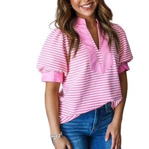 Women's Pink Stripe Blouse – Split Neck Short Sleeve Shirt - Main View
