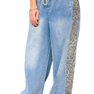 Women's Beau Blue Wide Leg Jeans with Leopard Striped Side Panels – Casual Everyday Style - Main View