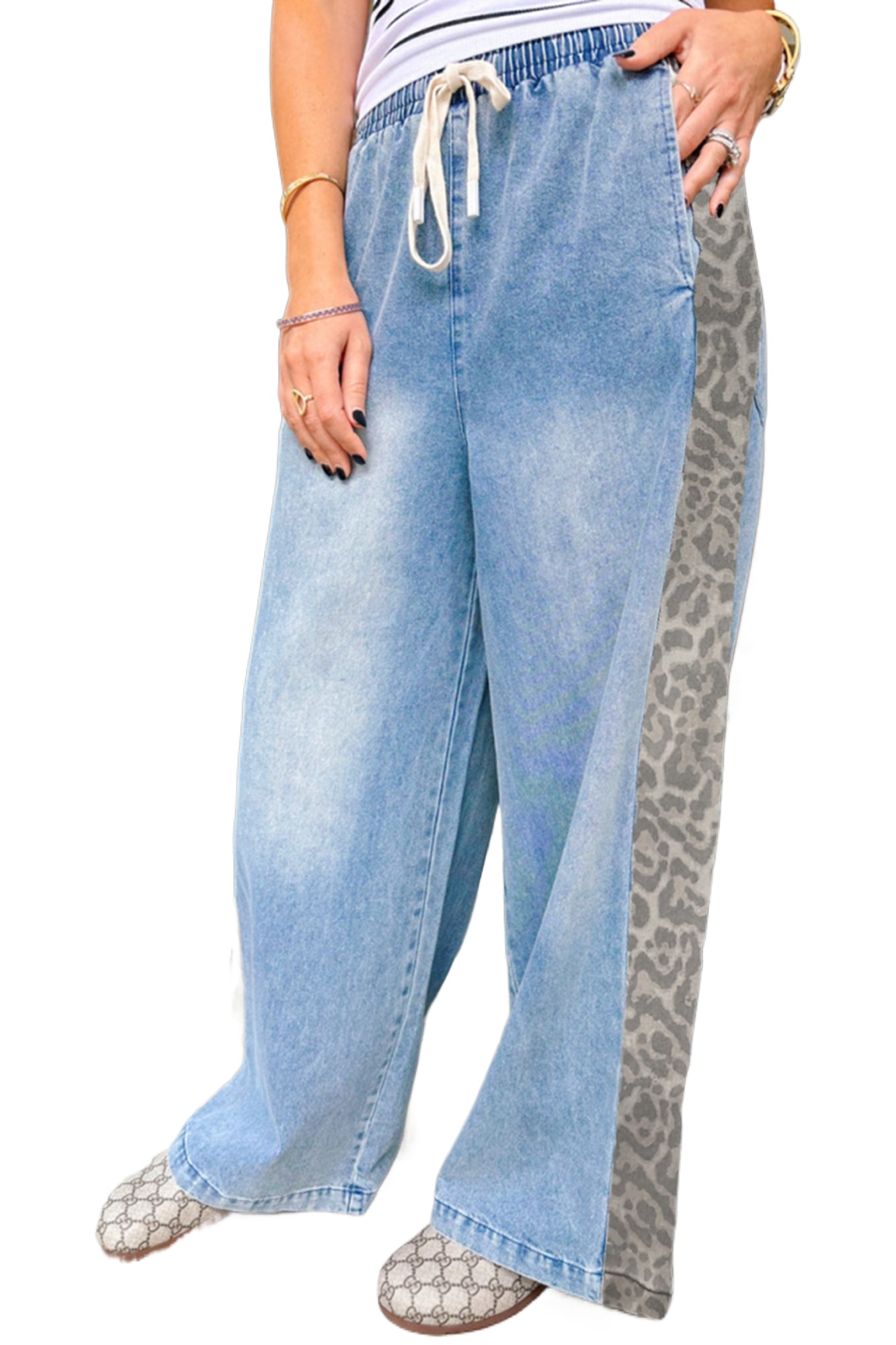 Women's Beau Blue Wide Leg Jeans with Leopard Striped Side Panels – Casual Everyday Style - Main View Women's Beau Blue Wide Leg Jeans with Leopard Striped Side Panels – Casual Everyday Style - Main View