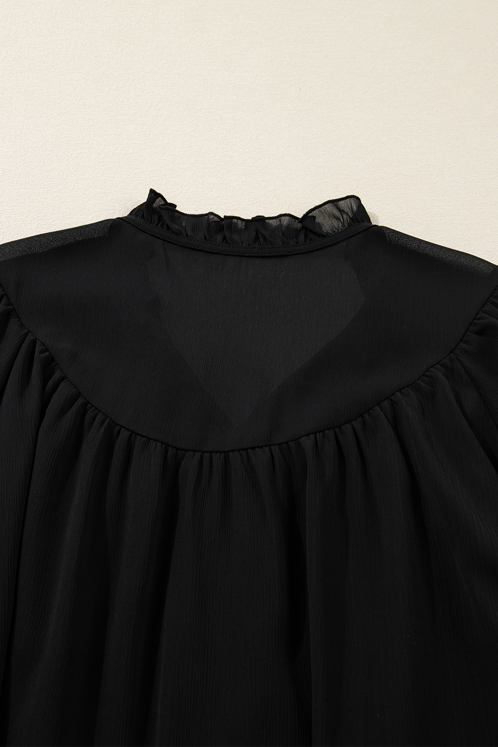 Women's Black Chiffon Plus Size Shirt with Ruffle Balloon Sleeves – Elegant Daily Wear - Detail View 13 Women's Black Chiffon Plus Size Shirt with Ruffle Balloon Sleeves – Elegant Daily Wear - Detail View 13